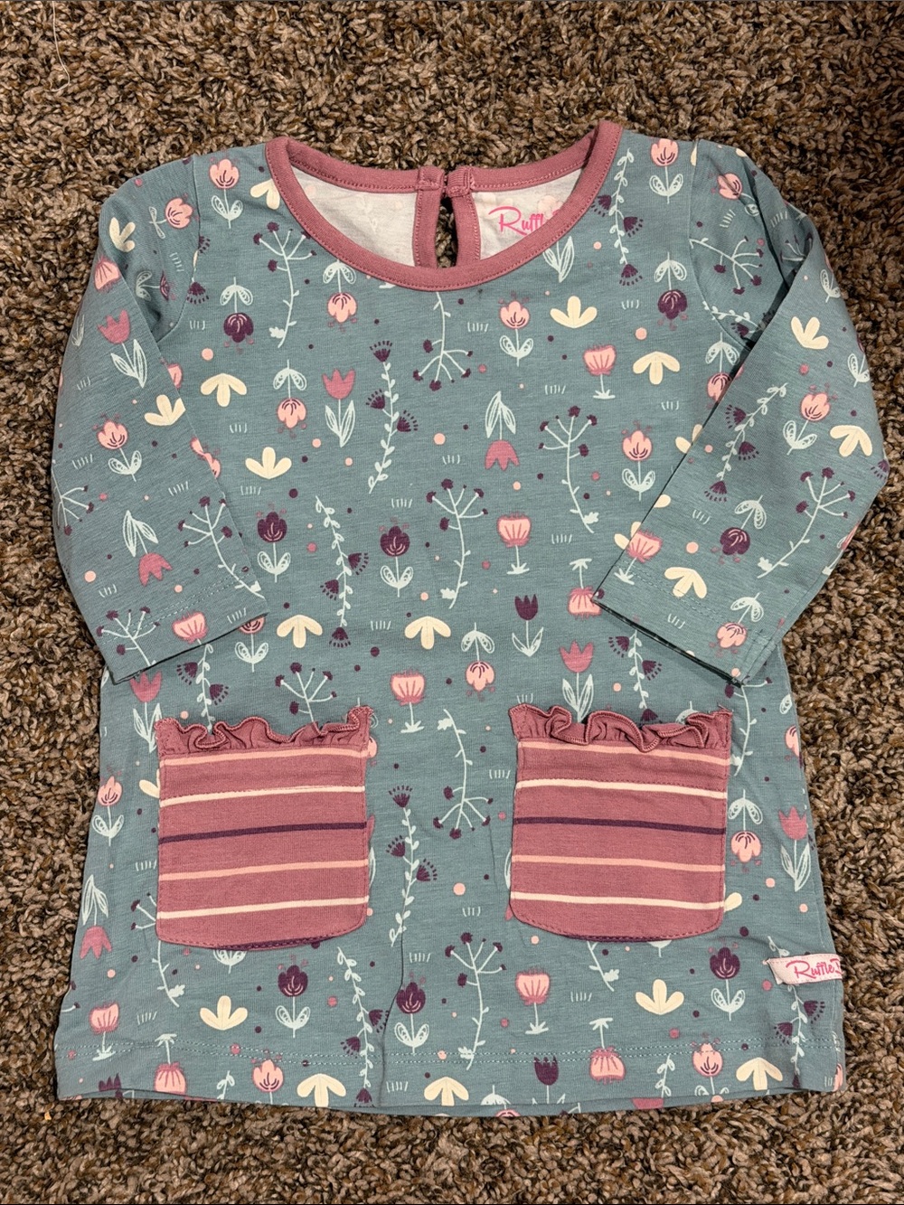 Ruffle Butts Teal Floral Dress with Rose Striped Pockets Size 6-12months